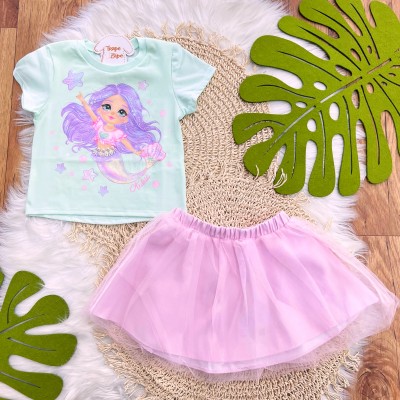  Conj. Blusa Sereia e Saia em Tule - Verde Água
